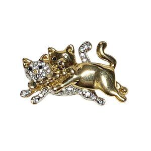 Vintage Gold & Crystal Pair Of Kitties Leaping Brooch Gold Tone 2"